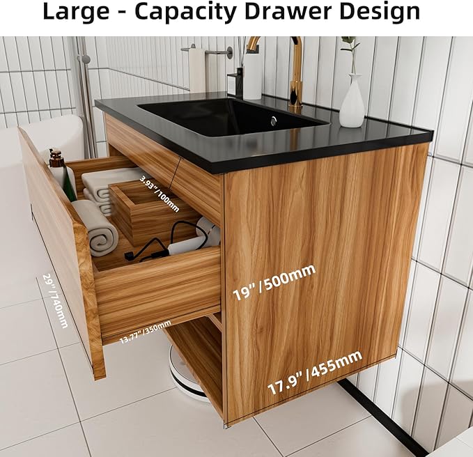 30 inch 3D Carved Bathroom Vanity with Open Compartment, Floating Cabinet with Hidden Soft-Close Drawer,with Ceramic Basin,Single Shelve,Mid Century Modern,Triamine Finish (Red Walnut/Black Sink)