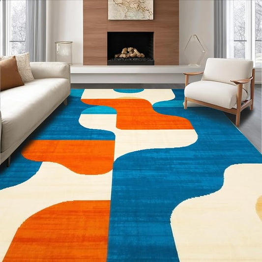 Flatwoven High Traffic Area Rug 6x9, Mid Century Motif Mastery, Non Slip, Stain Resistant, Washable Area Rugs for Living Room, Bedroom (Blue, 6x9)