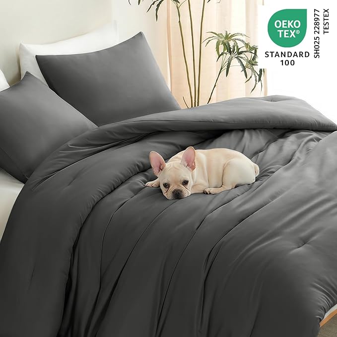 CozyLux California King Comforter Set Dark Grey, 3 Pieces Cal King Lightweight Down Alternative Quilted Bedding Sets, Dark Gray All Season Solid Comforter with 2 Pillowcases, Bed Set Gift for Home