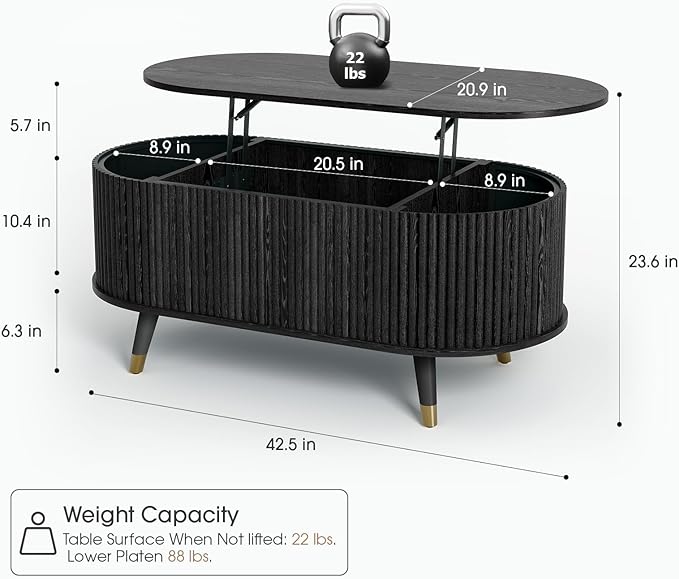 42.5" Oval Lift Top Coffee Table with Storage, Mid Century Modern Black Center Table with Fluted Panel, Solid Wood Legs & Hidden Compartment for Living Room