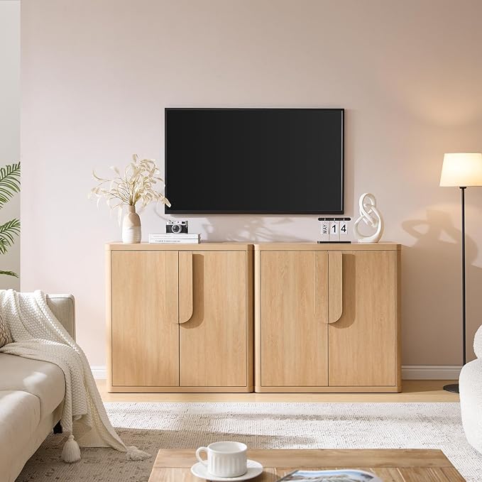 69'' Sideboard Buffet Cabinet W/Storage, Modern Accent Cabinets W/Curved Handles & Adjustable Shelves, 4 Doors Coffee Bar Buffet Table Credenza for Living Room Kitchen Hallway, Natural Oak