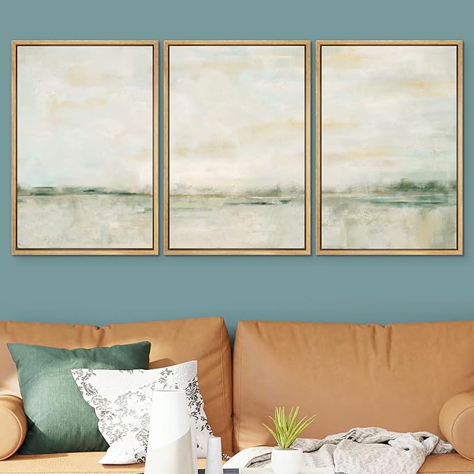 SIGNWIN Framed Canvas Print Wall Art Set Grunge Tan Green Pastel Landscape Shapes Abstract Illustrations Modern Art Decorative Nordic Calm/Zen for Living Room, Bedroom, Office - 16"x24"x3 Natural