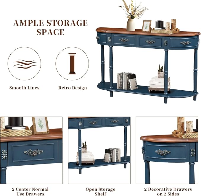 Retro Curved Console Table, 52" Half Moon Sofa Entryway With 2 Drawers 1 Open Shelf, Solid Pine Legs for Living Room, Hallway, Navy Blue