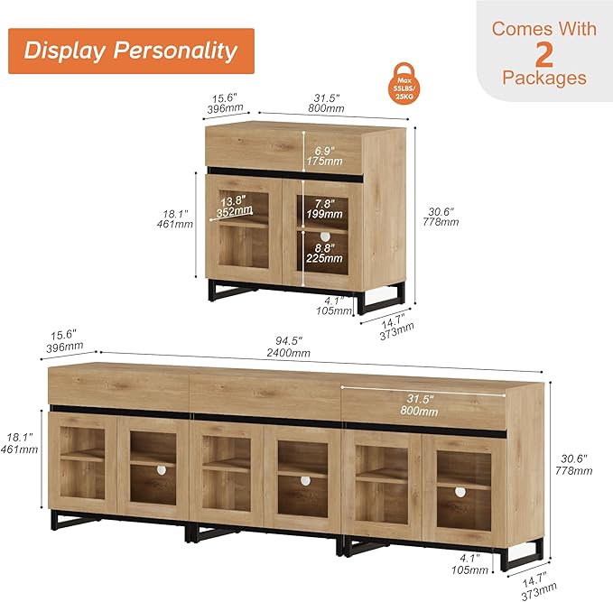 WAMPAT 3 in 1 Multifunctional Sideboard Buffet Cabinets with 6 Glass Doors, Modern Sideboard Credenza, Coffee Bar Storage Cabinet for Living Room, Kitchen, Oak
