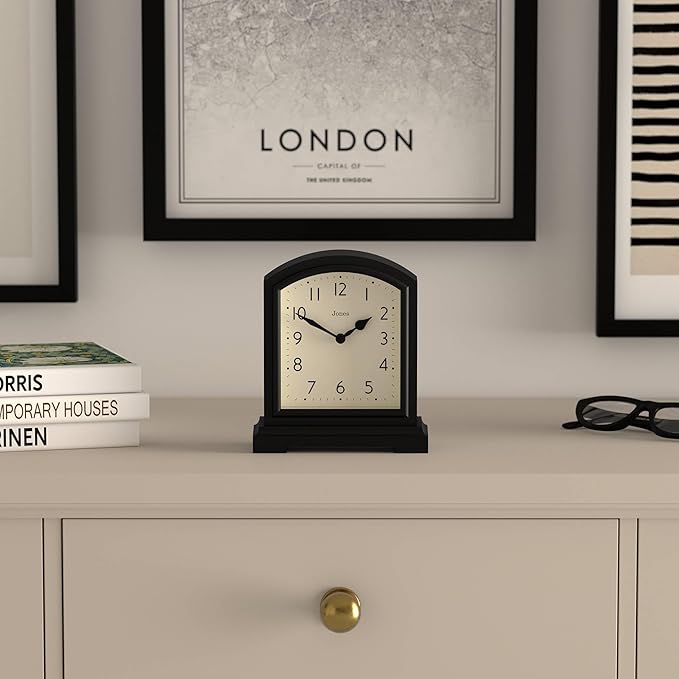JONES CLOCKS® Tavern Mantel Clock | Modern Arch top Design | Black | Contemporary Classic Style for Desk, Table, Shelf or Bedside