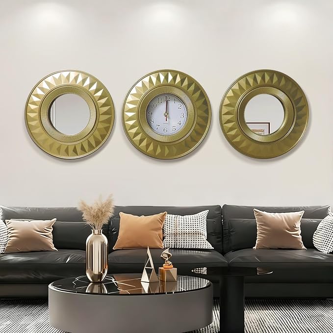 3 Pcs Gold Retro Sunburst Wall Decor Set, 9.8 Inch Round Clock & 2 Mirrors Wall Art, Vintage Sunburst Style Decor for Living Room Bedroom Bathroom, Lightweight & Easy to Install