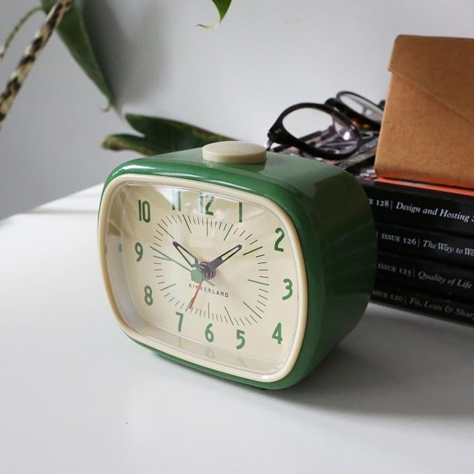 Kikkerland Retro Alarm Clock – Vintage Decor for Bedroom, Nightstand, Living Room, or Office – Battery Operated, Decorative Analog Clock, Green