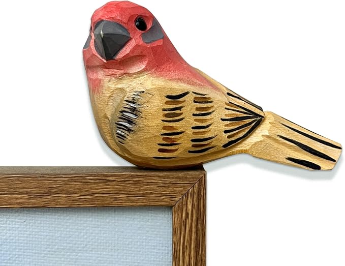 H&Zebrabro Hand Carved Bird Figurines, Hand-Painted Sculpted Wooden Birds, Wood Bird Sculptures for Home Decoration, Hand Crafted Life Like Bird Statues, Ideal Gifts for Bird Lovers (House Finch)
