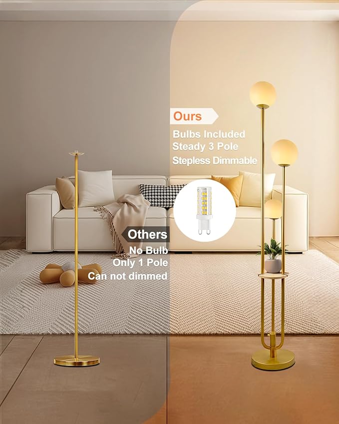 Lightdot LED Floor Lamp Dimmable Gold Globe Floor Lamps with Shelf& Bulb Included Mid Century Modern Standing Lamp for Bedroom Living Room/Sofa Beside/Corner Decor -Candle Holder Style Soft Eye-Caring