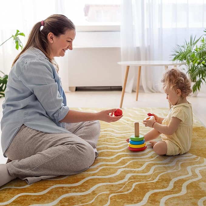 Wonnitar Sun Print Washable Area Rugs, 6x9 Rug for Kids Room Living Room, Gradient Yellow Soft Non Slip Sunshine Boho Ultra-Thin Carpet for Bedroom Classroom Playroom Nursery