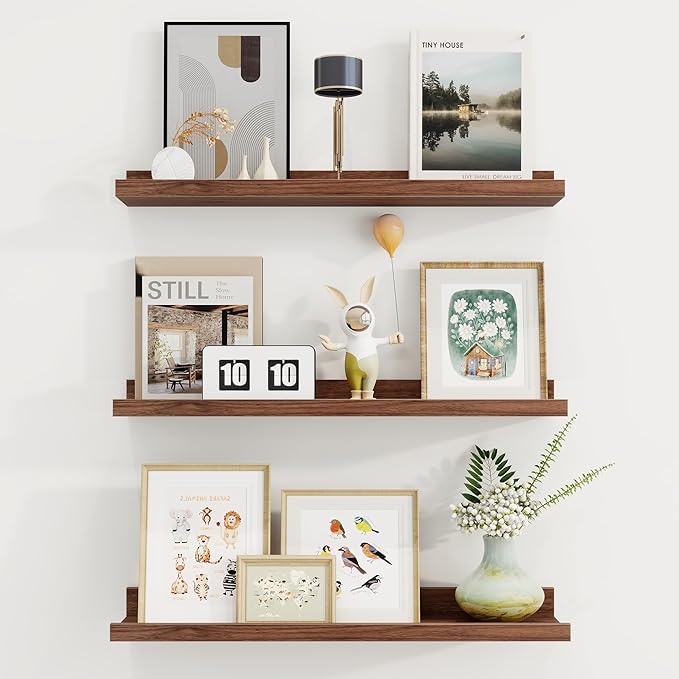 Axeman Picture Ledge Shelf | 24 Inch Walnut Floating Shelves Set of 3 | Rustic Wood Wall Shelves with Lip | 24" Walnut Picture Shelf for Wall with Ledge | Photo Shelves