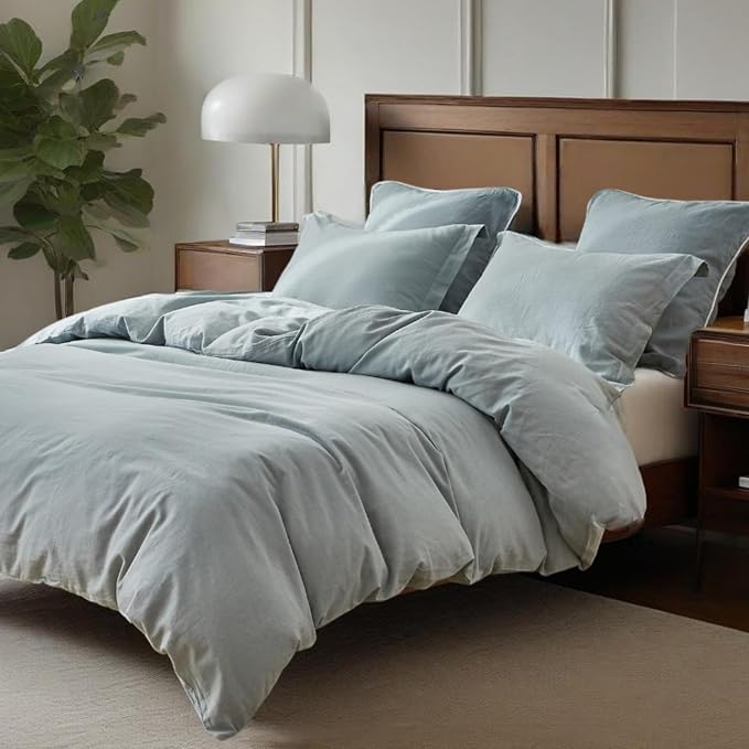 Simple&Opulence 100% Linen Duvet Cover Set, Natural French Flax Dusty Blue Duvet Cover Twin Size, Breathable Soft Comfy Linen Bedding Comforter Cover with 1 Pillowcase(Dusty Blue, 68"x86")