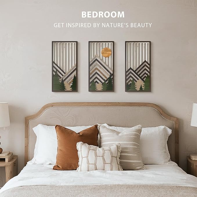 VIYYIEA Boho Solid Wood Carved Wall Art Set of 3, Geometric Minimalist Wooden Home Decor Panels, Handcrafted Solid Wood Wall Hanging for Living Room Bedroom Hallway, 16 x 8 Inch Each (Sunrise Green)