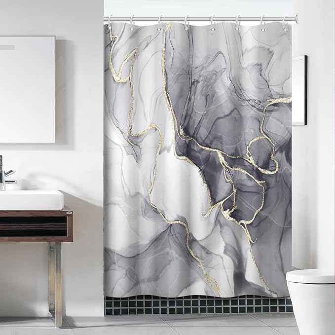 Grey Shower Curtain, Ombre Light Grey Marble Shower Curtain Set Modern Aesthetic Gray Ink Texture Waterproof Bathroom Curtain with Hooks, 60x72 Inch