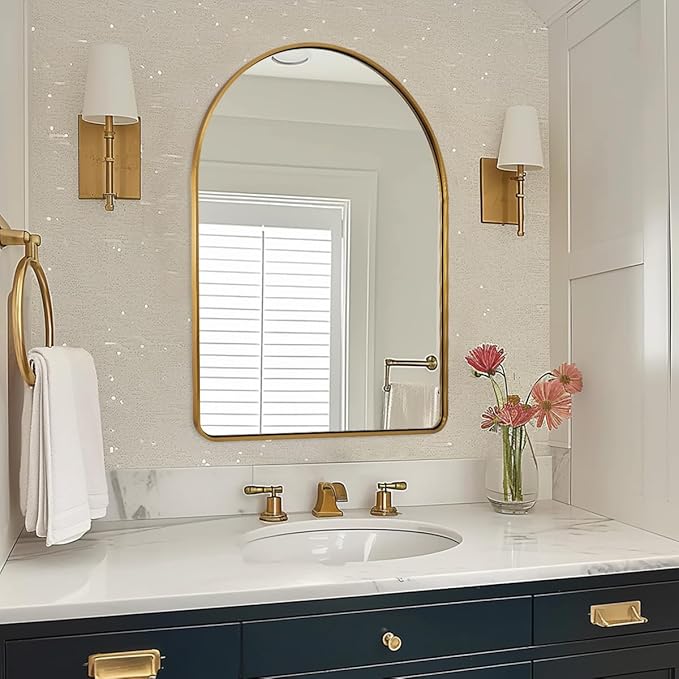 ANDY STAR Brass Mirror Bathroom, 24x36’’ Gold Arched Mirror, Arched Bathroom Mirror, Gold Bathroom Mirror Metal Framed, SUS304-Anti-Rust, Tube Frame, 1’’ Deep Set Wall Mounted Vertical