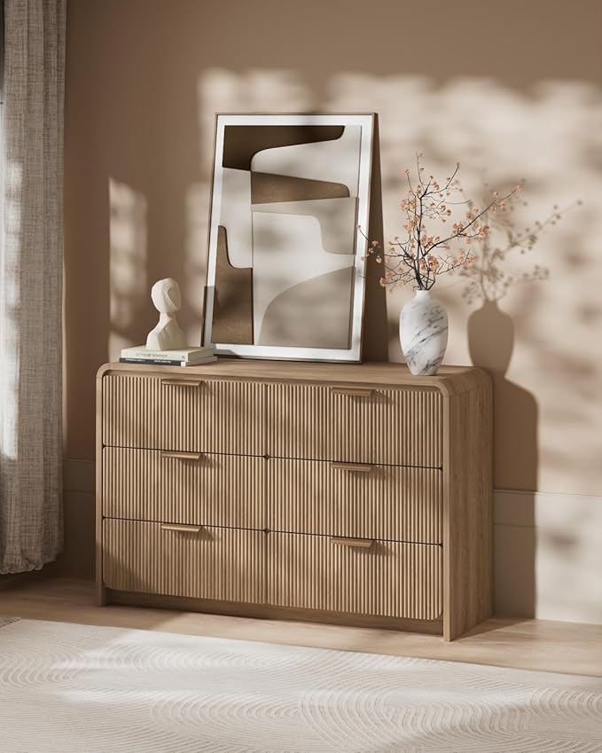 47" Wide Fluted 6 Drawer Dresser for Bedroom, Chest of Drawers with Curved Profile Design, Modern Wood Closet Clothes Storage Organizer for Bedroom, Living Room, Hallway, Walnut