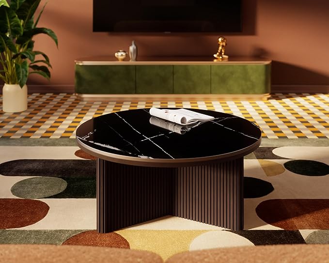 Morden Fort Round Coffee Table for Living Room, Faux Marble Coffee Table Sintered Stone Top & Solid Fluted Wood Base Modern Coffee Circle Table for Apartment Living Room Porch - 33'' Black Top