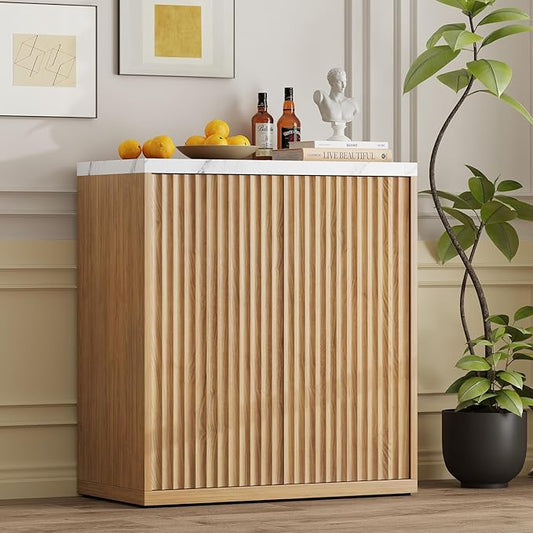31” Sideboard Cabinet with Storage, Fluted Accent Cabinet with Adjustable Shelves, Modern Wood Credenza Cabinets with Pop-up Doors for Entryway Kitchen Living Room Hallway, Faux Marble Top