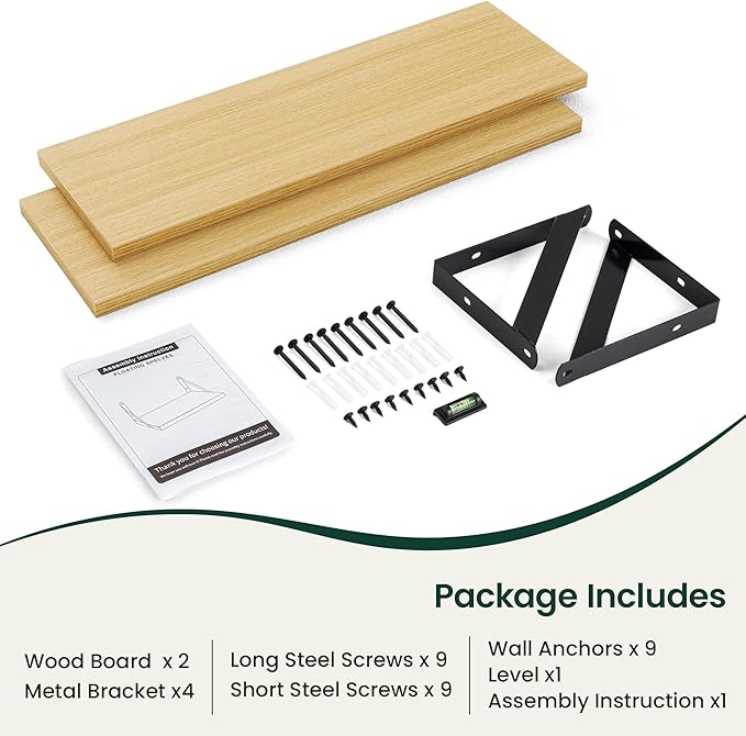 Floating Shelves, 8 Inch Deep Rustic Wood Wall Storage, 24W x 8D Wall Shelves Set of 2, Heavy Duty Metal Brackets, Industrial Book Shelf for Living Room, Kitchen, Bathroom, Bedroom, Oak
