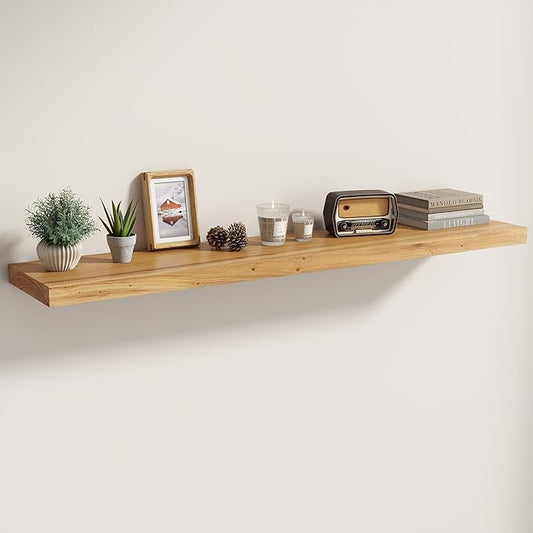Fun Memories Solid Elm Wood Floating Shelves Set of 1-48 Inch Rustic Wall Shelves with Heavy-Duty Invisible Brackets - for Living Room, Kitchen, Bedroom, Bathroom - Natural Finish
