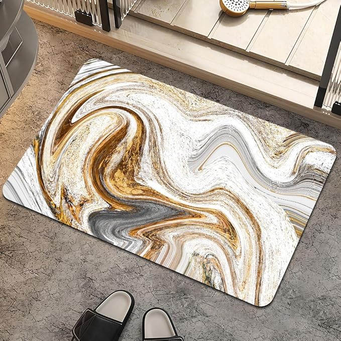Bath Mat Rug,White Grey Gold Marble Non Slip Quick Dry Super Absorbent Thin Bathroom Rugs Fit Under Door-Easy to Clean Bathroom Floor Mats-Shower Rug for Shower Sink Bathtub(17" x 27.5"in)
