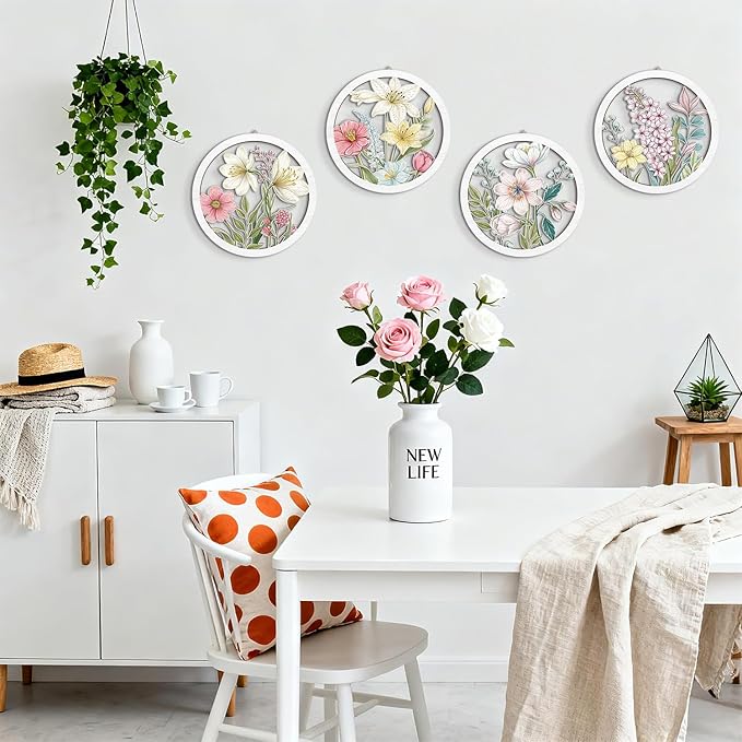HPNIUB Boho Flower Wall Decor, Abstract Floral Market Wooden Wall Hanging Sign, 4 Pieces 10''x10'' Colorful Plant Wall Art, Minimalist Wildflower Botanical Wood Plaue for Girls Bedroom Living Room