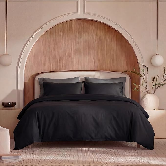 100% Washed Cotton Duvet Cover King Size – Solid Black, Linen-Like Texture, Super Soft & Breathable Bedding Set, 3-Piece Durable Percale Comforter Cover