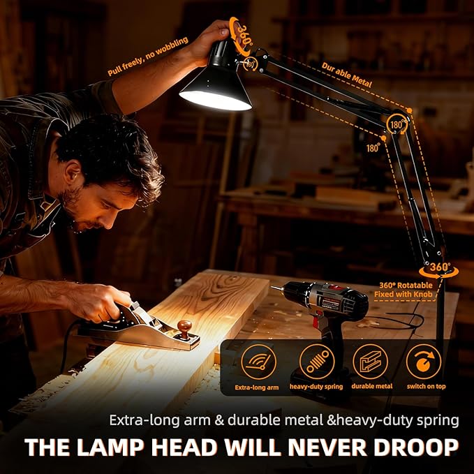 LED Desk Lamp With Clamp for Home Office, Eye-Caring Clip on Light with Adjustable Extra Tall Metal Swing Arm, High Intensity Clamp w/A19 E26 Bulb for Working Reading, 3000k Table Lamps Warm Light