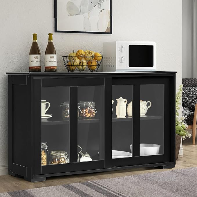 Sideboards Buffet Cabinet, Sliding Tempered Glass Door Coffee Bar, Console Table with Adjustable Shelf, Credenzas for Living Room, Stackable Kitchen Cupboard for Dining Room (Black)