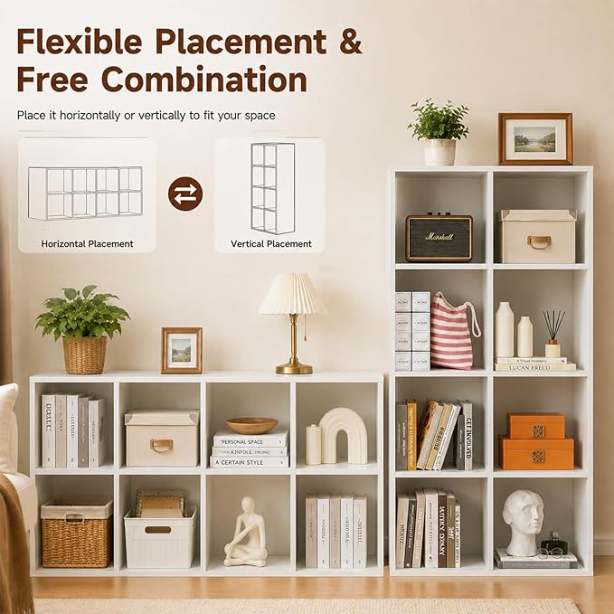 POWERSTONE 8 Cube Storage Organizer, Open Cube Bookshelf with Back Panels, Modern Display Cubby Bookcase for Bedroom Living Room Home Office, White