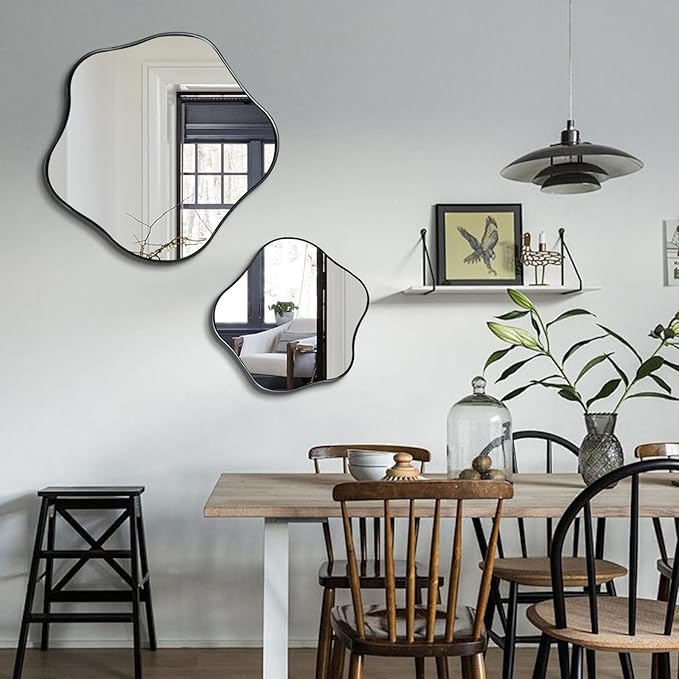 Irregular Round Mirror, 16" Scalloped Mirror for Over Sink, Asymmetrical Wall Mirrors Decorative, Modern Wavy Circle Mirrors for Living Room Bathroom Bedroom Hallway Entryway Fireplace