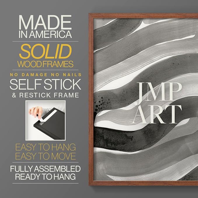 Renditions Gallery Set of 2 Peel & Stick Framed Prints, Watercolor Abstract Wall Art, Black and White Bold Brushstrokes Wall Decor, Re-Stickable - Ready to Hang - 22"x28" - Walnut Frame LT588