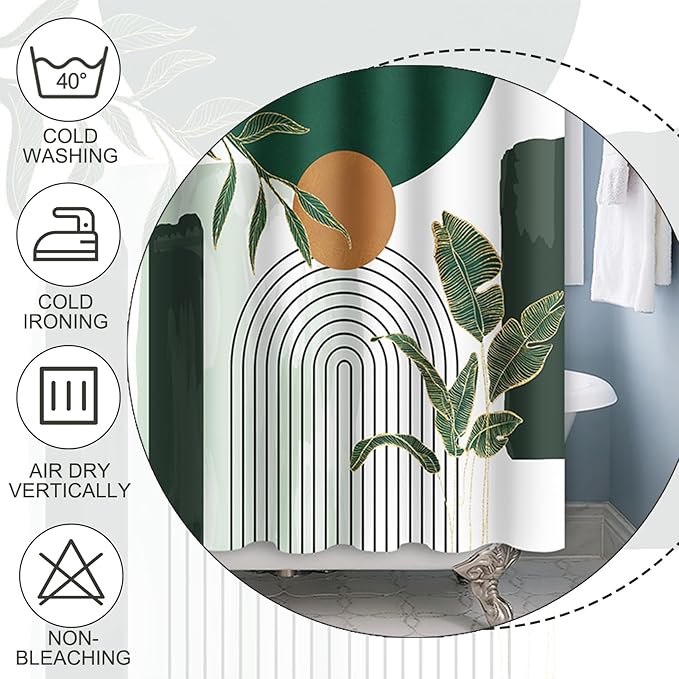 Baocicoo Abstract Mid Century Shower Curtain - Bohemia Tropical Leaf Modern Minimalist for Bathroom, Green Bath Accessory Art Decor, Fabric Durable with Hooks, 72x84 Inches