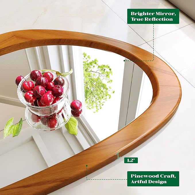 Asymmetrical Wall Mirror, 19x30 InchMid Century Modern Mirrors | Irregular Wall Mirror with Pine Wooden Frame for Living Room Bedroom Bathroom Entryway Hangs Horizontally or Vertically