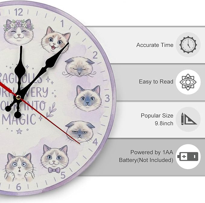 Whimsical Ragdoll Cat Faces Silent Non Ticking Wooden Wall Clock 10/12 Inch Kids Room Kitchen Office Decor Battery Powered Feline Art Home Gift