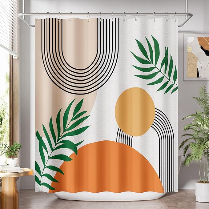 AmazerBath Fall Shower Curtain, Orange Abstract Cloth Shower Curtain Sets with 12 Shower Curtain Hooks, Luxury Hotel Quality Washable Farmhouse Polyester Fabric Bathroom Shower Curtains, 72x72 Inches