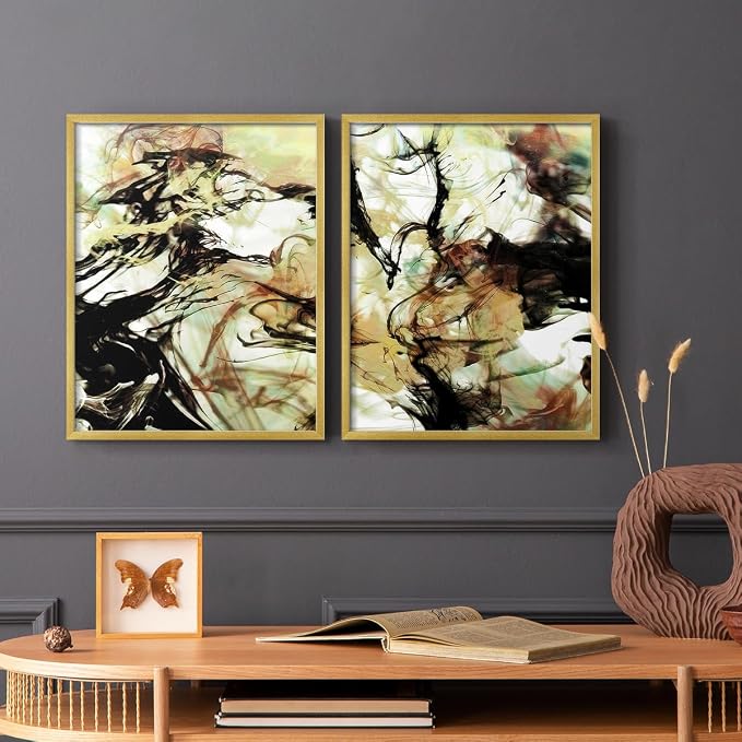 Renditions Gallery Set of 2 Peel & Stick Framed Prints, Abstract Wall Art, Vaping Smoke Design Wall Decor, Re-Stickable - Ready to Hang - 11"x14" - GOLD Frame LT588