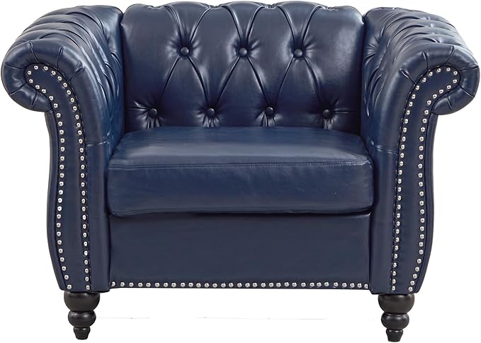 LEVNARY Chesterfield Armchair, Tufted Leather Accent Chair, Mid-Century Modern Single Chair with Rolled Arms and Nailhead Trim, PU Leather Reading Chair for Living Room (Blue)