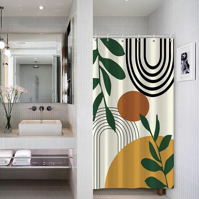 Boho Geometric Shower Curtain Beige Mid Century Abstract Arch Curve Bathroom Curtain Minimalistic Sun Shower Curtain Sets for Bathroom Extra Long 36x72 in with 6 Hooks