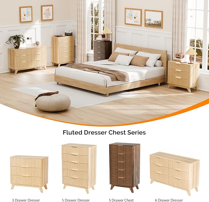 VINGLI Fluted Dresser for Bedroom, Wood Dresser 6 Drawer with Rounded Edges, Mid Century Modern Dressers Natural Wood Color, 46.8" W*15.6" D*31" H