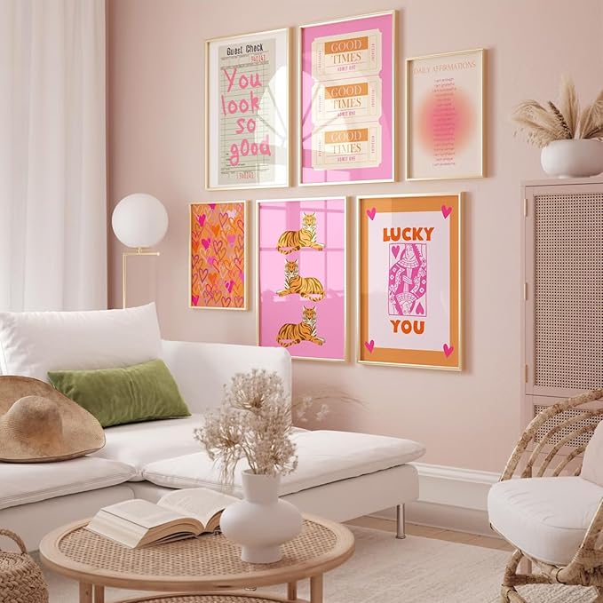 Preppy Wall Art Pink Orange Wall Decor Trendy Canvas Wall Art Aesthetic Pictures Girl Posters Inspirational Daily Affirmation Prints Lucky You Artwork Set of 6 for Dorm Room 8x10 Inch Unframed