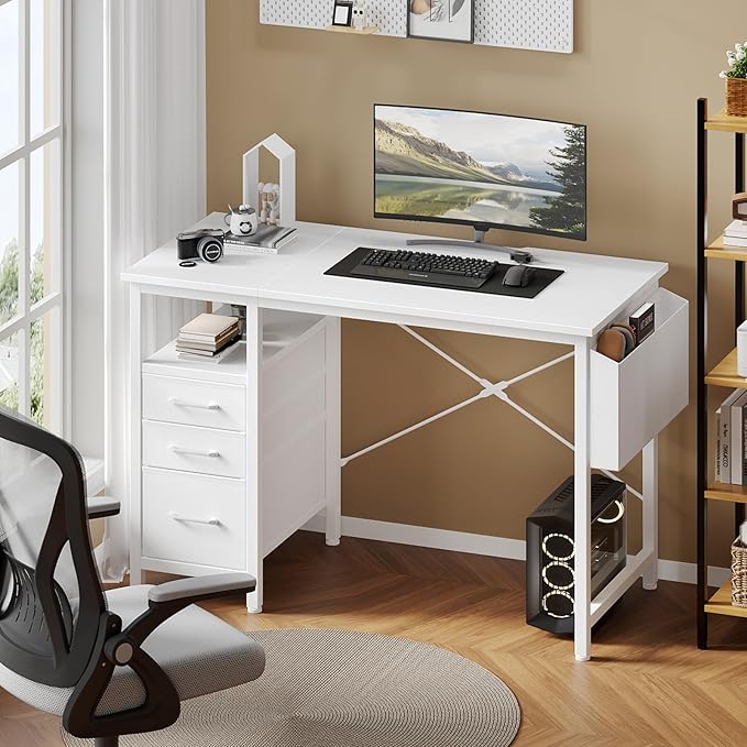DUMOS 39" Computer Desk with Storage, Small Home Office Desk with 3 Fabric Drawers & Side Pocket, Space Saving Writing Desk for Apartment, Dorm, Gaming Workstation, White