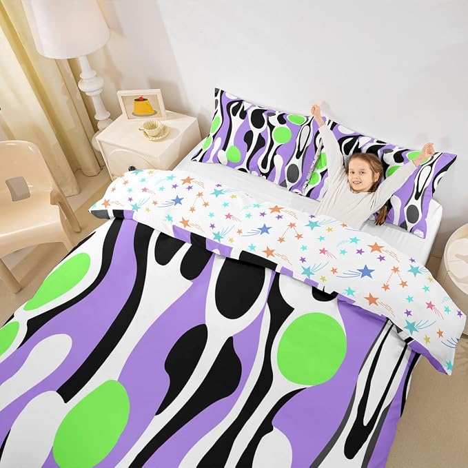 Erosebridal Organic Abstract Duvet Cover Set Modern Contemporary King Bedding Set for Adult Men Boho Mid Century Wavy Lines Comforter Cover Retro Geometric Bed Sets,Purple Green