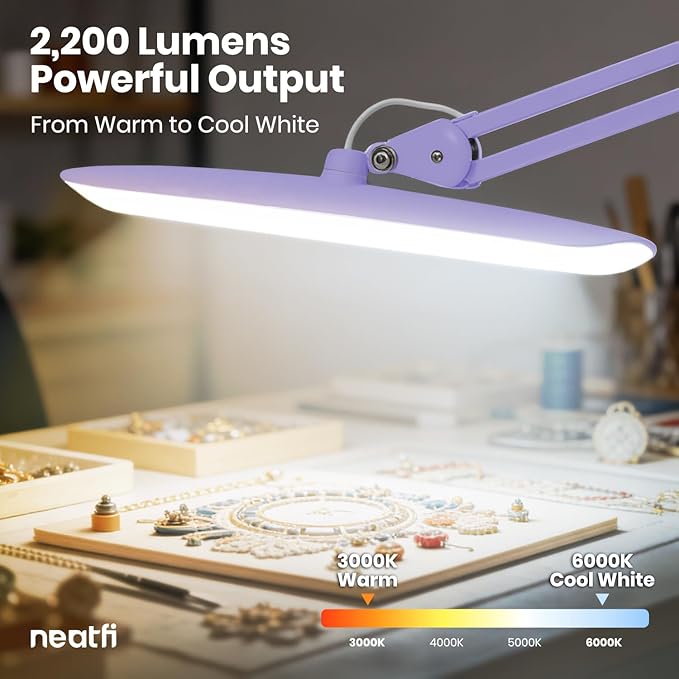 Neatfi XL Nail Desk Lamp with Clamp, 2200 Lumens, 20-Inch Wide Head, Dimmable 4 Levels, 3 Color Modes 3000K–6000K, LED Task Light for Manicure Table, Crafts, Workbench, Office (CCT, Lavender)