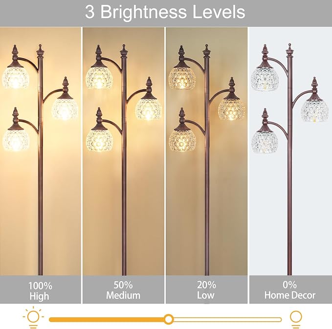 JUNNAI Brown Floor Lamps for Living Room 66.5in Vintage Standing Lamp with Glass Shade 3 Way Brightness Lights Mid Century Modern Pole Lights Corner Lamp for Bedroom Office(Bulbs Included)