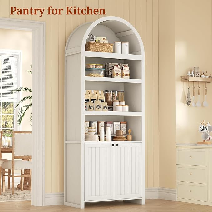 81" Tall Arched Cabinets,Bookcase with storage,Mid-Century Modern 6-Tier Bookshelf with Door,2 Book Risers and Adjustable Shelves give more storage space for Living Room,Home Office Antique White