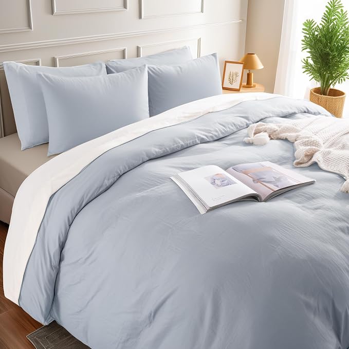 NEXHOME PRO Twin Duvet Cover Set, 100% Washed Cotton with Linen-Like Texture, Natural Organic, Breathable & Comfortable, Includes Home Bedding Set Cornflower Blue (No Comforter) 6890