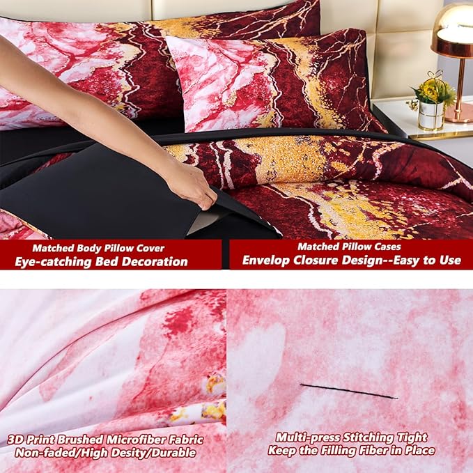 PERFEMET Marble Comforter King Size 6 Pcs Bed in A Bag Set Watercolor Red and Gold Bedding with Sheets Soft Luxury Abstract Artwork Tie Dye Bedroom Comforter Set(Red, King)