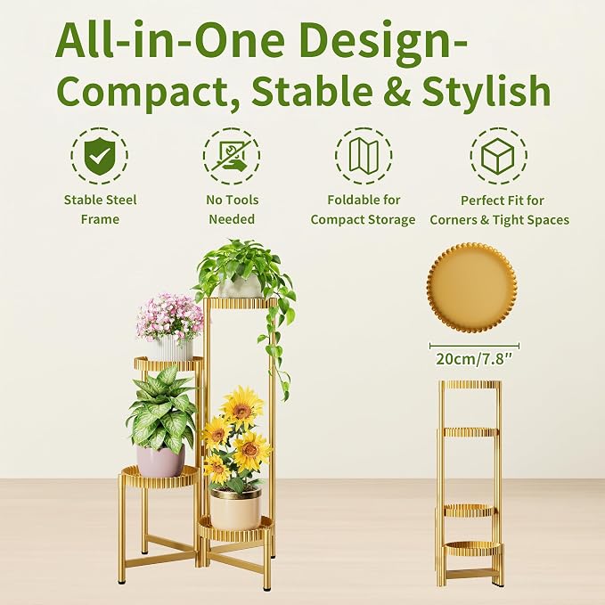 Stand Plants, 4 Tiers Metal Tiered Plant Stands for Outdoor Indoor,Heavy Duty Flower Pot Stands for Multiple Plants,Decoration Floding Tall Display Racks for Patio Porch -GoldFloroma