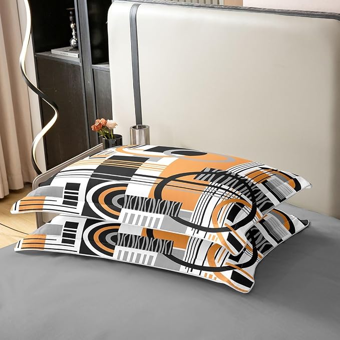 Erosebridal Art Deco Mid Century Duvet Cover Set Retro Modern Abstract Geometric 100% Cotton Comforter Cover Black and White Yellow Circles Stripes Twin Bedding Sets for Girls, Contemporary Bed Set